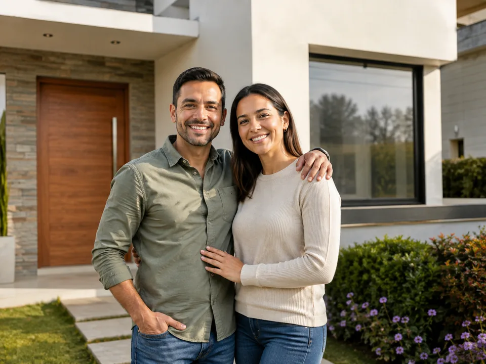 Pareja frente a su hogar como representación de un seguro de vivienda